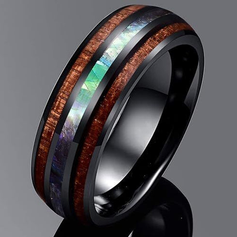 Men's 8mm Tungsten With Hawaiian Koa Wood & Abalone Shell Tri-Inlay Wedding Band